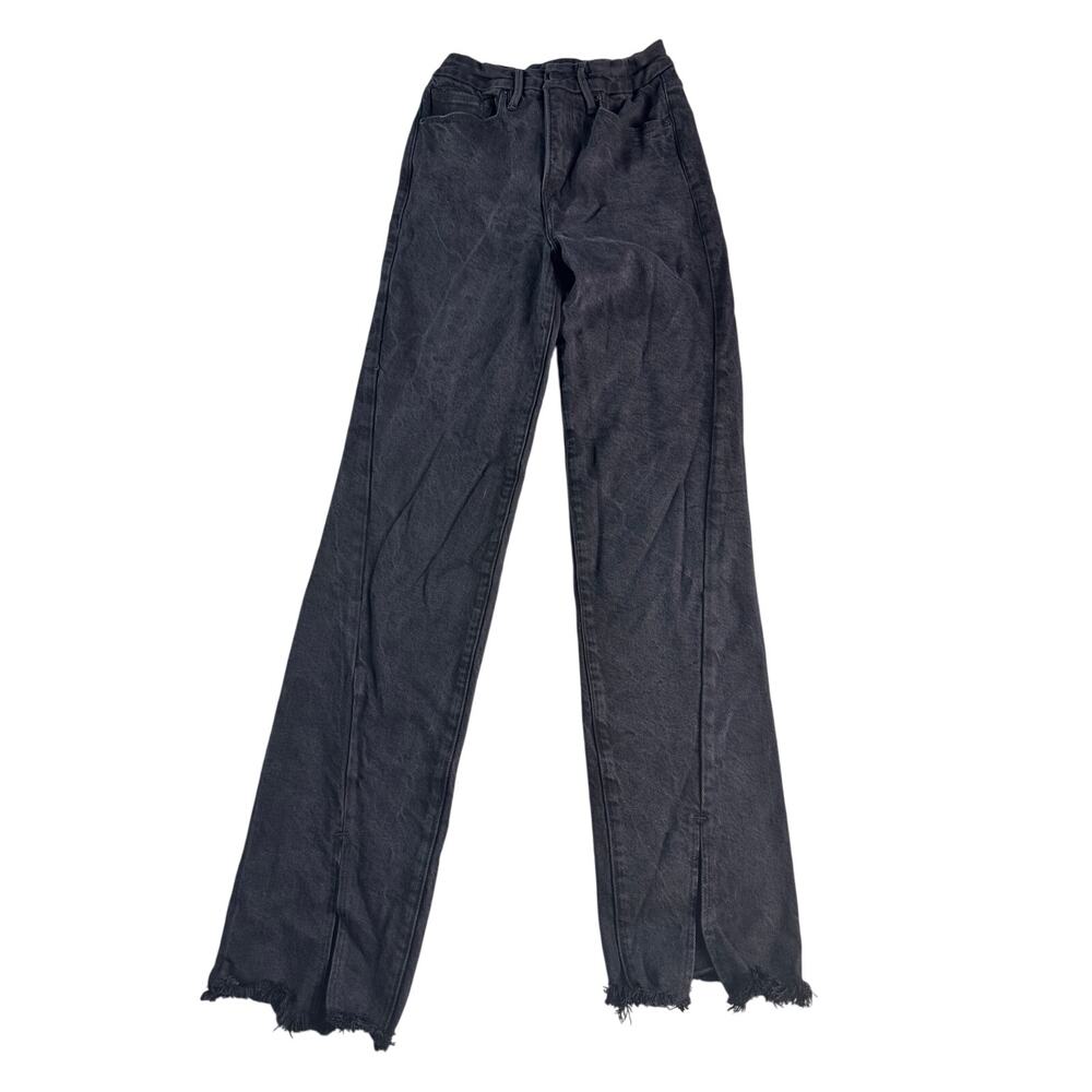 Good American Good Boy Jeans 2/26 Black Distressed Split Raw Hem Boyfriend